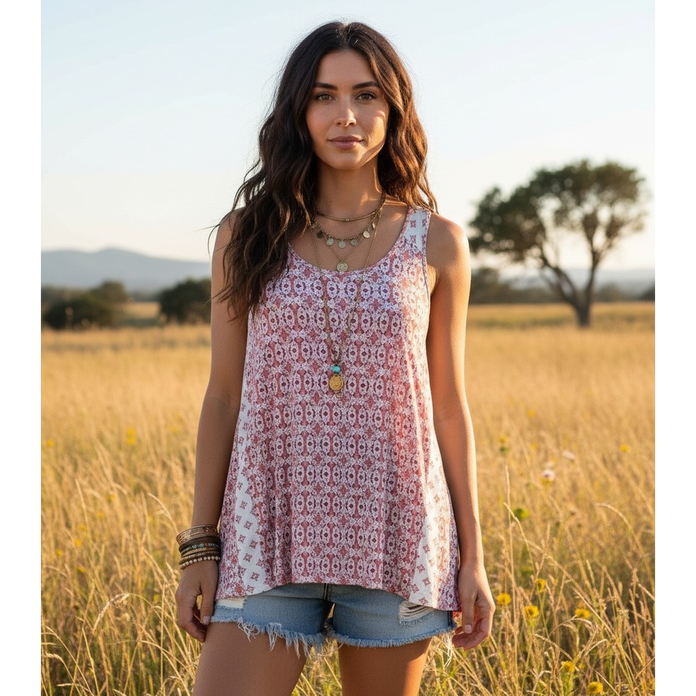 Wishful Park L Tank Top Pink White Mosaic Boho Indie Tribal Casual Mix print